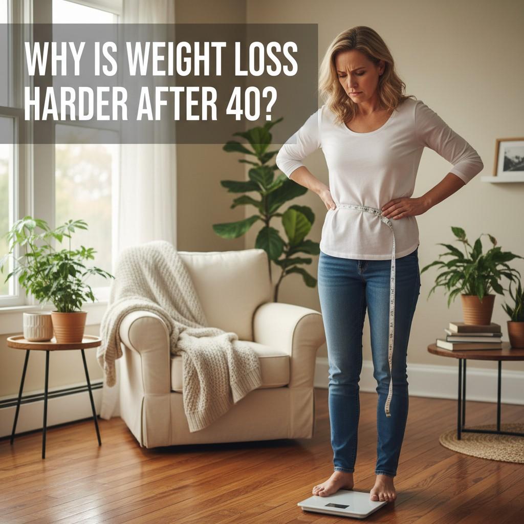 Woman over 40 frustrated with weight scale illustrating challenges of weight loss after 40