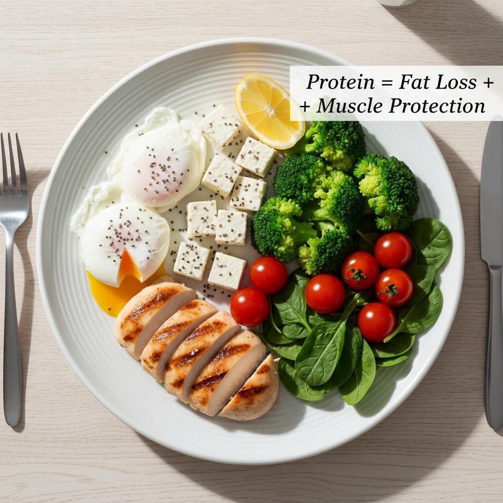 Healthy high protein meal for weight loss after 40 with eggs vegetables and lean protein