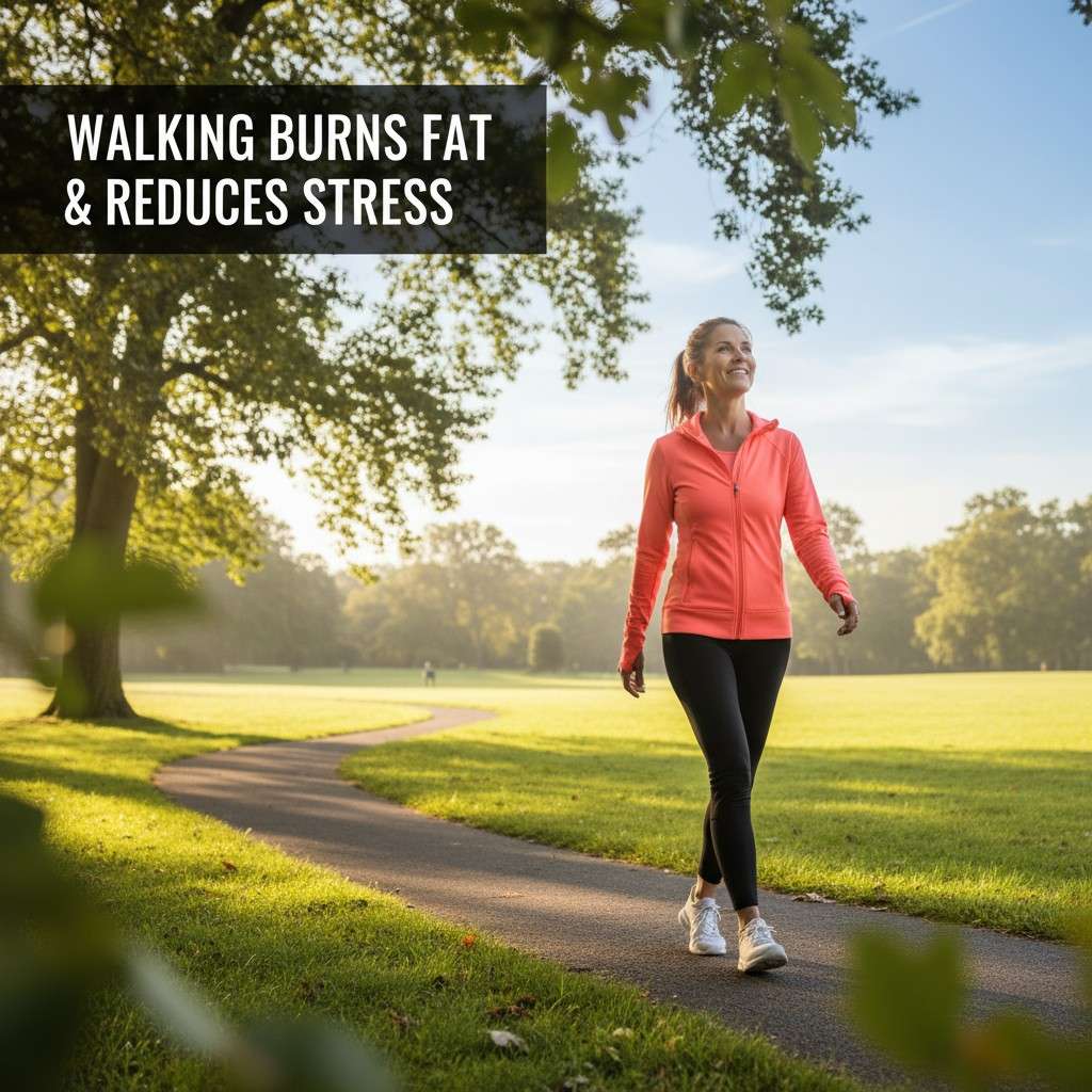 Woman over 40 walking outdoors for fat loss and stress reduction
