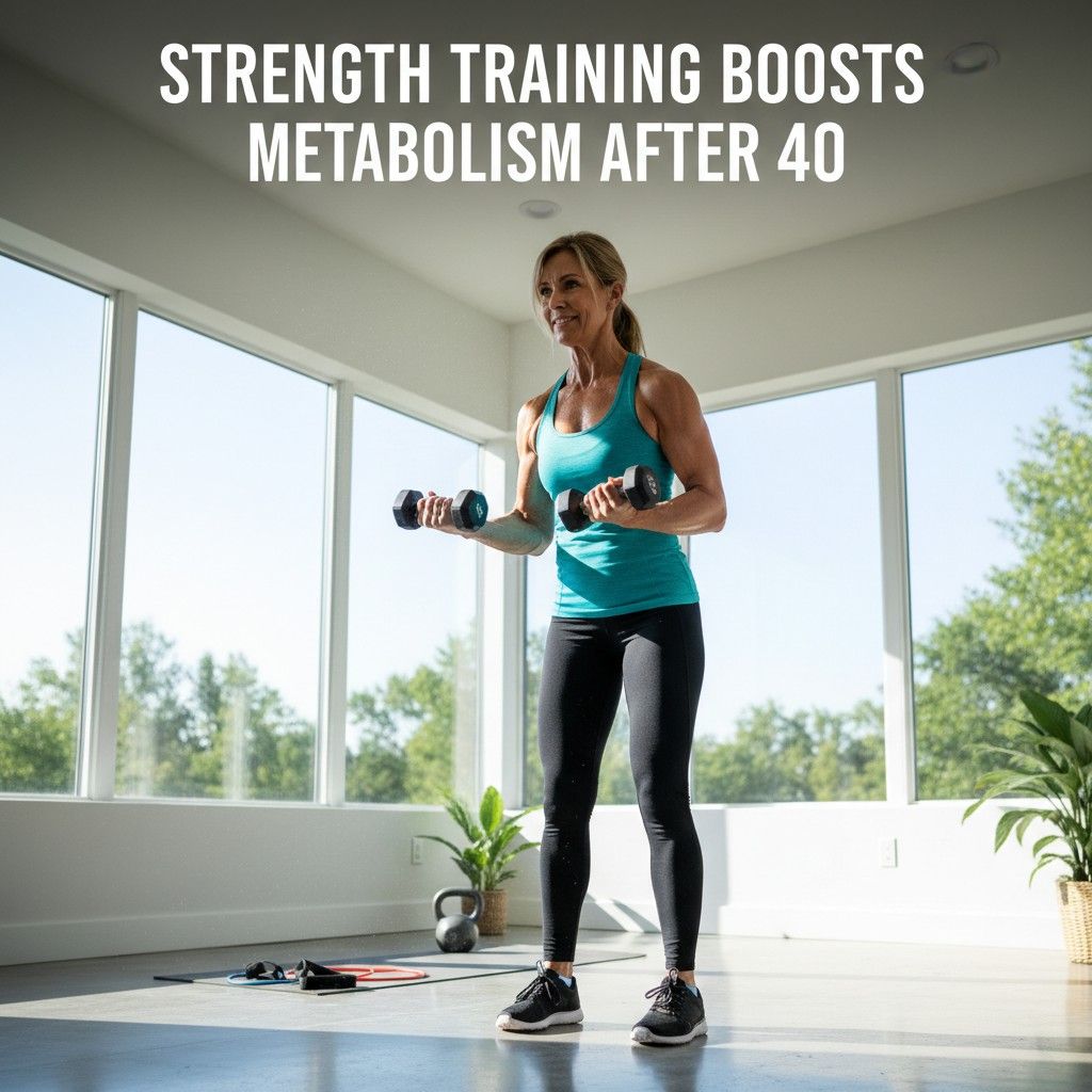 Woman in her 40s doing strength training at home to boost metabolism