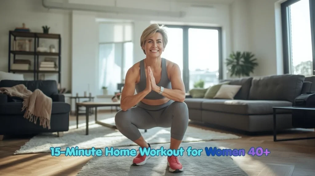 Woman over 40 doing a 15 minute home workout in living room