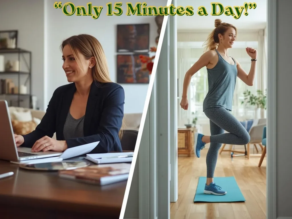 Busy woman doing quick 15 minute workout at home