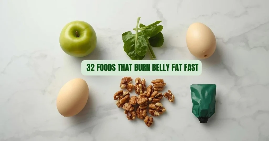 Clean, grid-style overhead product photo of five belly-fat-burning foods: spinach, egg, walnut, green apple, and green tea.