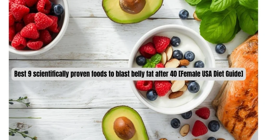 Bright, sunlit photo of a healthy meal featuring Greek yogurt, berries, avocado, and wild salmon, illustrating diet foods for women over 40.