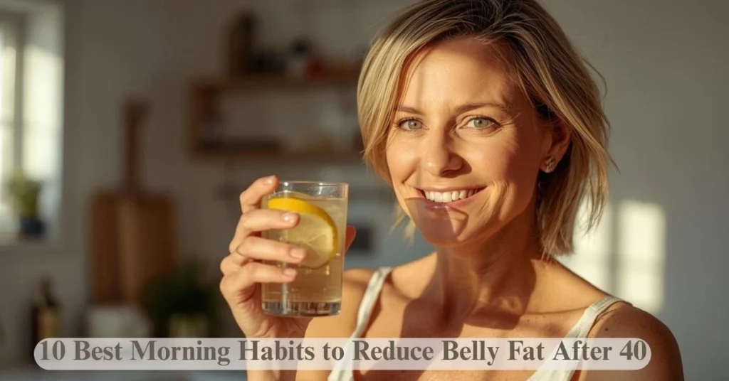 woman over 40 drinking warm lemon water in morning for belly fat loss