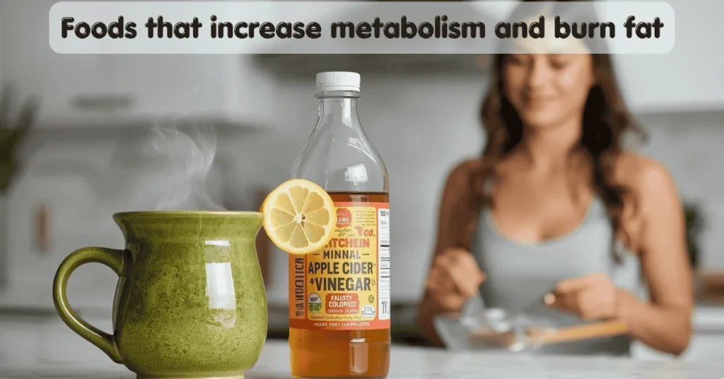 A smiling woman over 40 in a modern kitchen preparing a meal, with a mug of green tea and apple cider vinegar in the foreground.