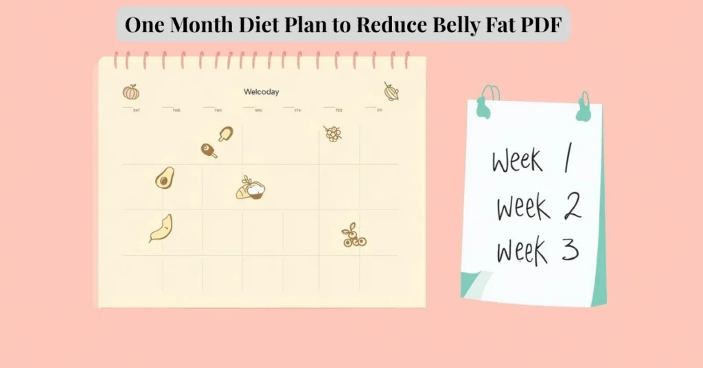 Digital illustration of a structured one-month meal planning calendar for reducing belly fat, showing small food icons.