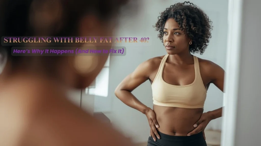 Woman over 40 checking belly fat in mirror while starting a healthy weight loss plan.