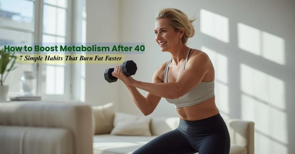 Woman over 40 exercising with dumbbells at home to boost metabolism and lose weight naturally.