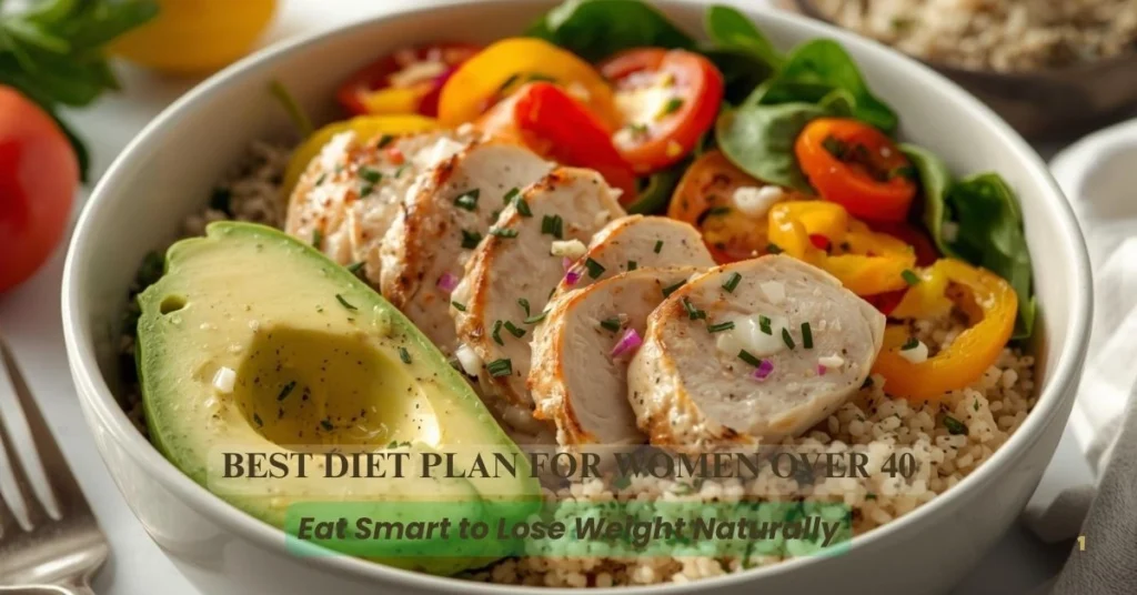 Healthy balanced diet meal for women over 40 including vegetables, protein and whole foods for weight loss.