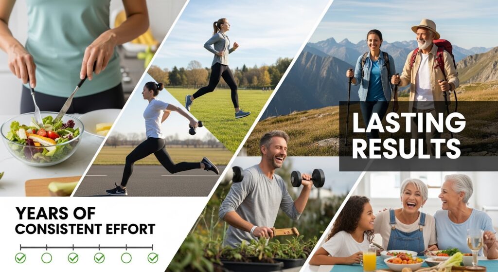 Healthy habits practiced consistently over years lead to lasting results.