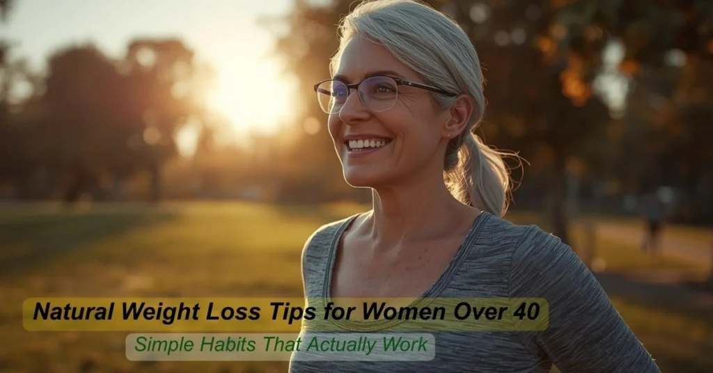 Healthy woman over 40 walking in park as part of natural weight loss and fitness routine.