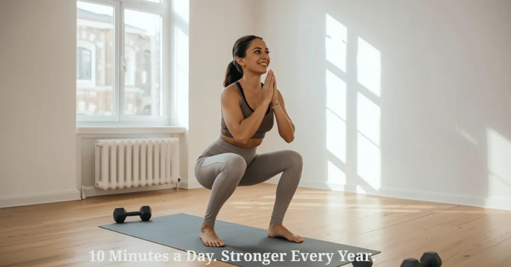 Woman in her 40s doing a bodyweight squat at home during a 10 Minutes Daily Workout to Stay Fit After 40 at Home
