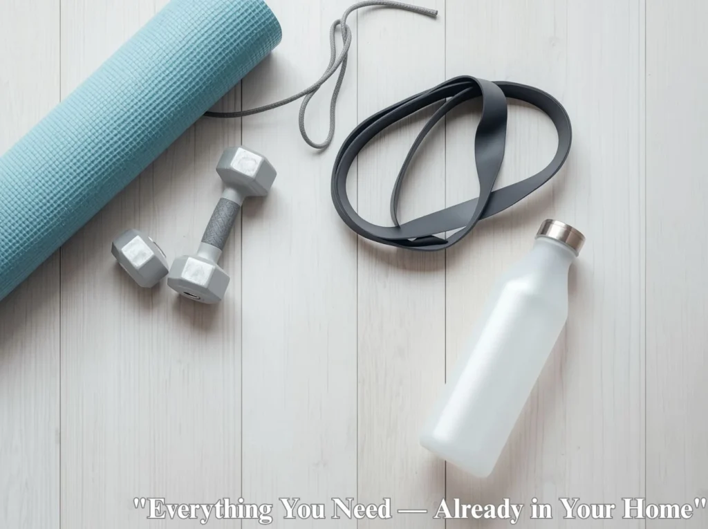 Minimal home workout equipment including dumbbells, yoga mat and resistance band for at home gym workout plan for beginners