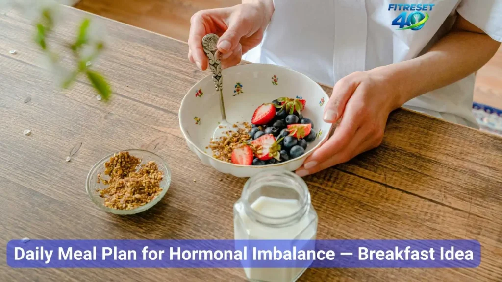 healthy breakfast bowl with Greek yogurt berries and flaxseeds as part of a daily diet for hormonal imbalance