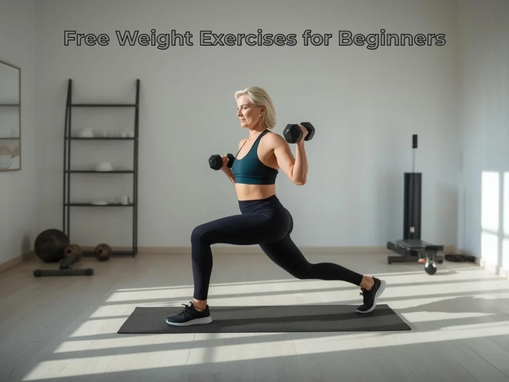 Free weight exercises for women over 40 doing lunges with dumbbells