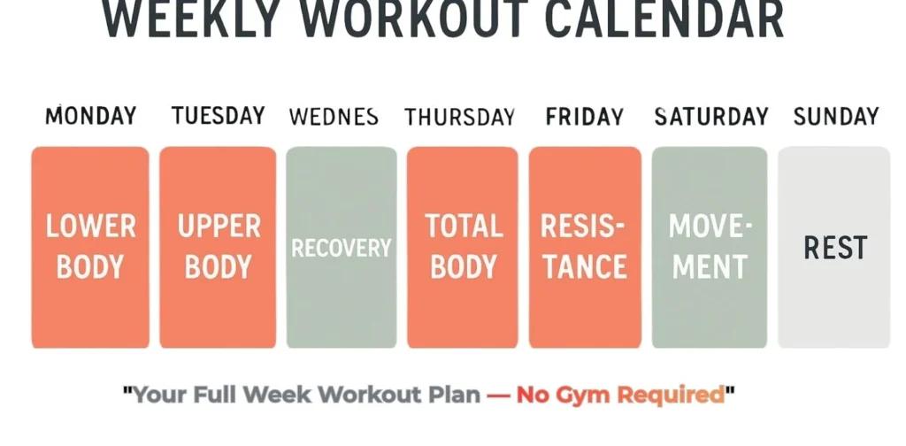 Full week workout plan for muscle gain showing 7 day color coded schedule for adults over 40