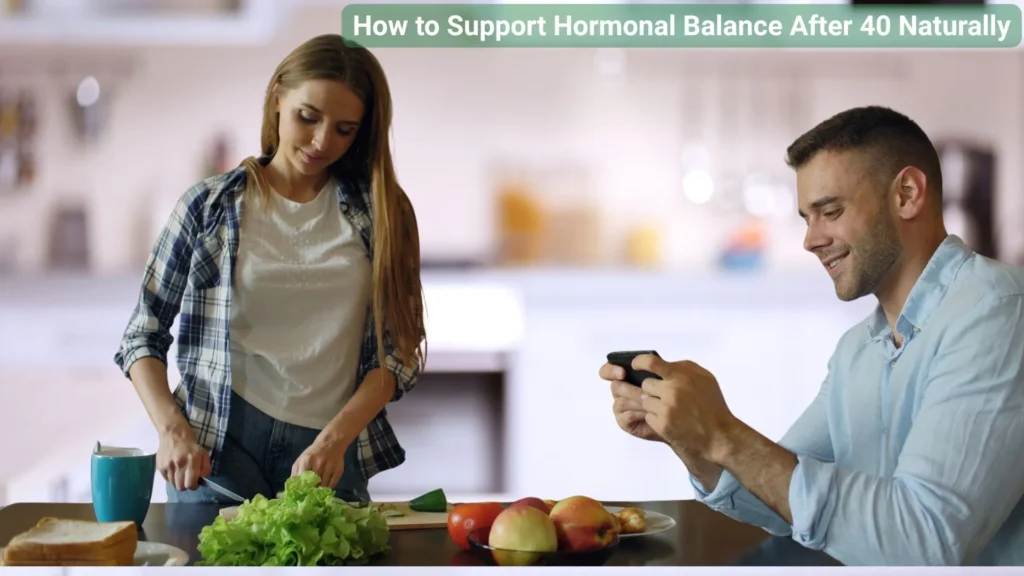 healthy woman over 40 holding a green smoothie in kitchen representing hormonal balance through diet