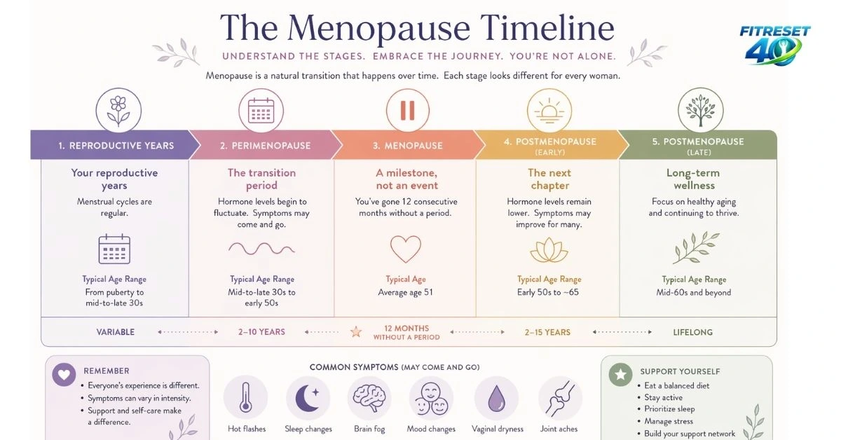Infographic showing how long menopause weight gain lasts across perimenopause menopause and post-menopause phases