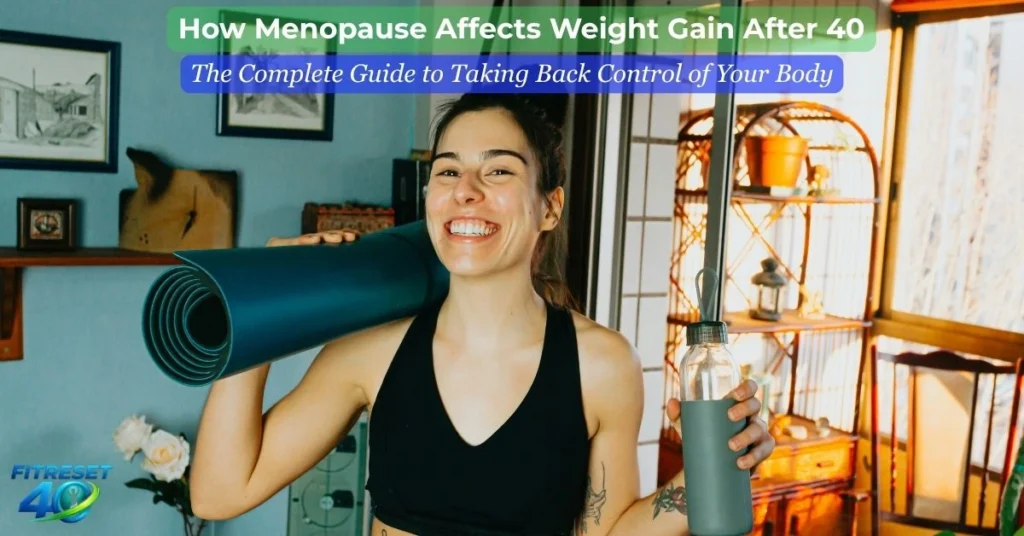 A confident woman in her 40s smiling outdoors representing how menopause affects weight gain after 40