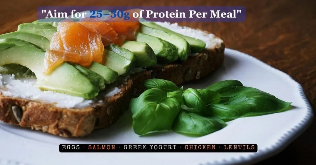Healthy plate with salmon avocado and vegetables showing how to stop menopause weight gain with high protein meals