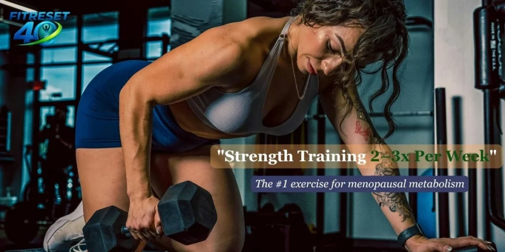 Woman over 40 lifting dumbbells at gym to stop menopause weight gain through strength training
