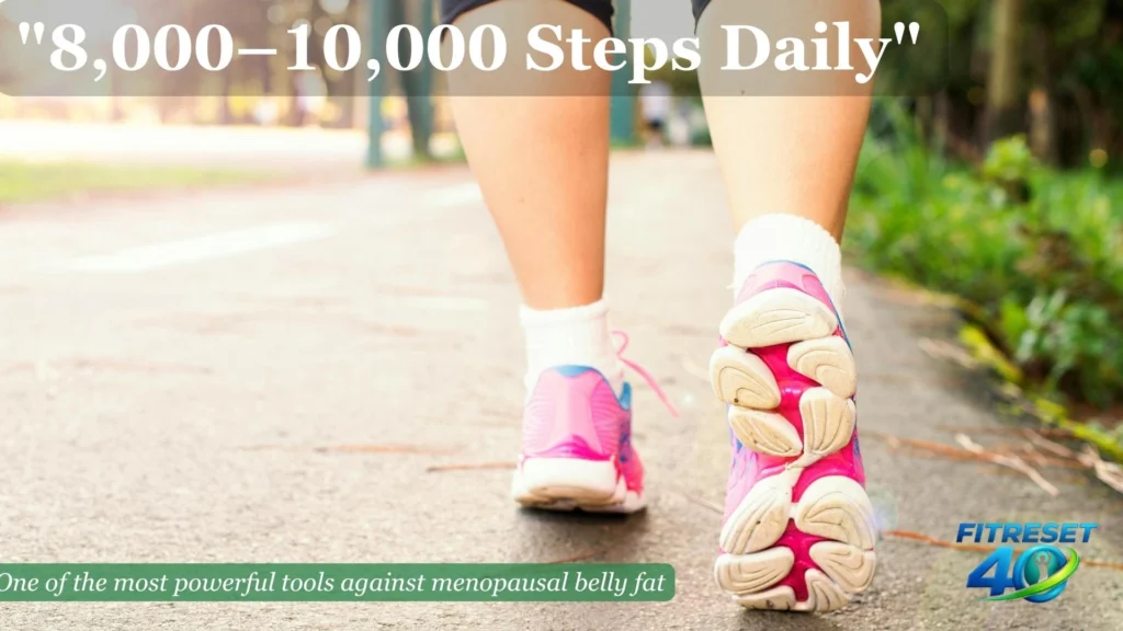 Woman walking outdoors on a nature path as daily exercise to stop menopause weight gain and reduce belly fat