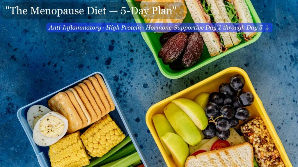 Weekly meal prep containers with healthy anti-inflammatory foods for the menopause diet 5 day plan to lose weight