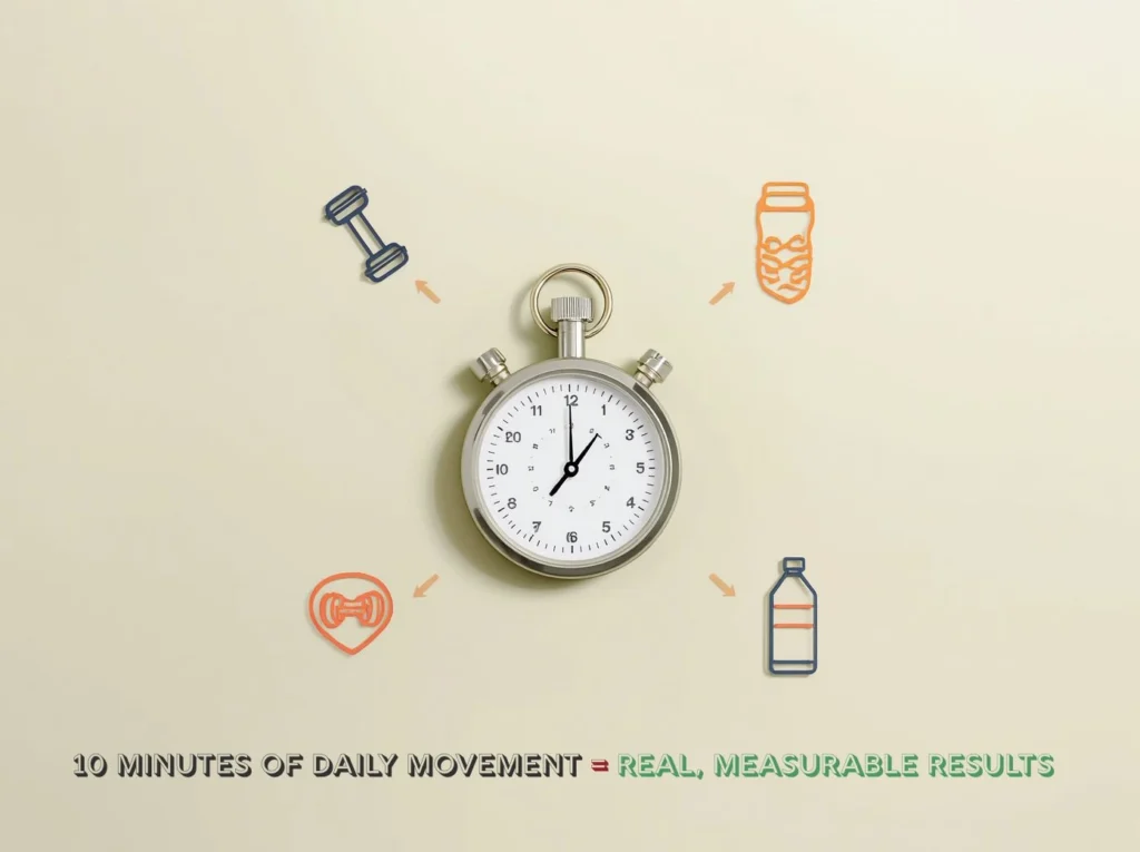 Infographic showing the benefits of 10 minutes daily workouts for adults over 40