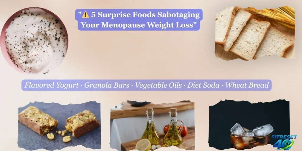 Flat lay of flavored yogurt granola bars diet soda and bread showing 5 surprise foods to avoid for weight loss after menopause