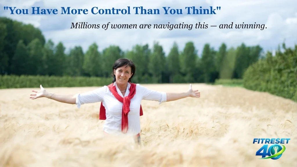 Confident mature woman with arms open outdoors representing successful weight loss after menopause