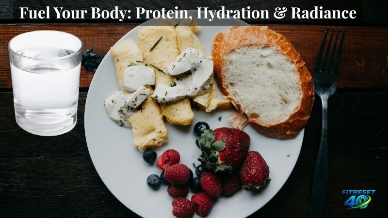 Anti-Aging Diet and Nutrition Secrets for Women A healthy balanced meal with high-protein foods and fresh berries alongside a glass of water for anti-aging benefits.