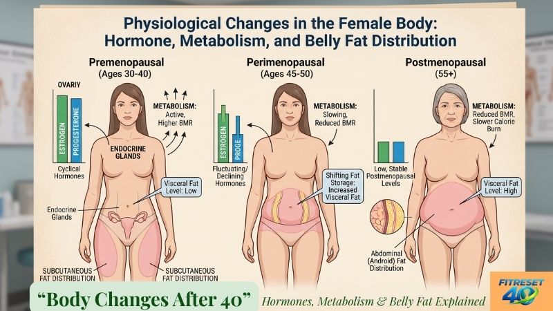 Body changes at 40 female Illustration showing body changes in women after age 40