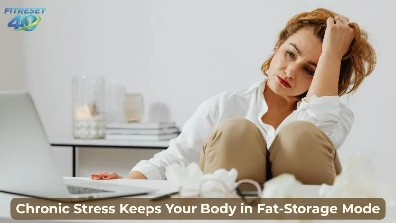 Cortisol Stress Hormone Belly Fat Weight Gain After 40 stressed woman over 40 showing effects of high cortisol and belly fat