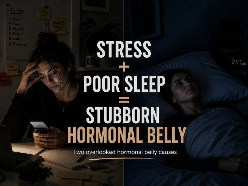 Split image showing stress at work and sleepless night as hormonal belly causes in women