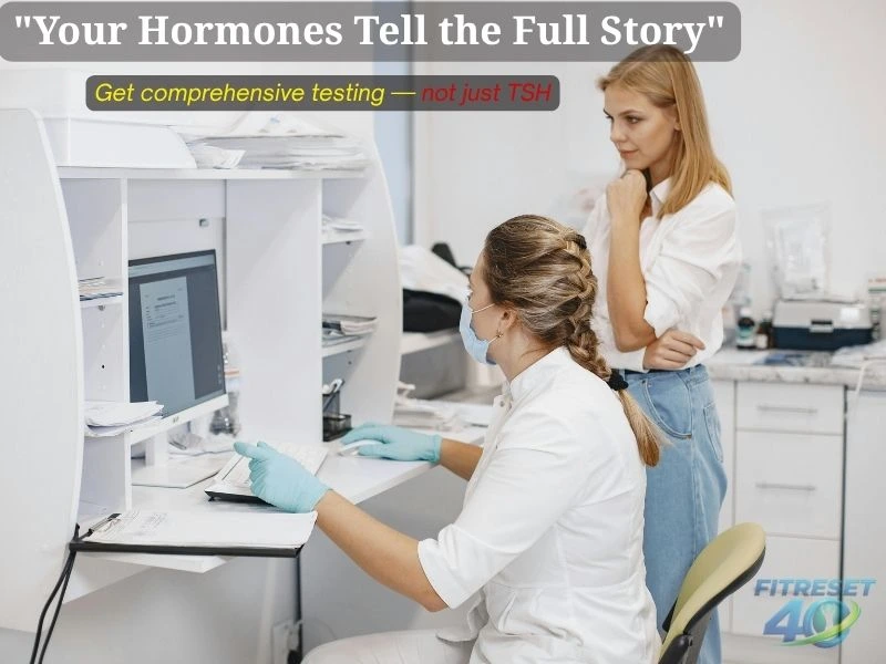 Female doctor and patient reviewing hormone test results to identify hormonal belly causes