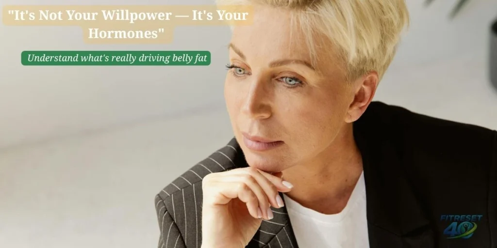 Woman looking at her midsection representing hormonal belly fat causes and solutions