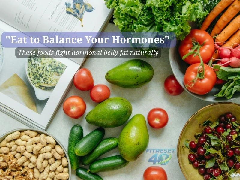 Flat lay of anti-inflammatory foods showing how to cure hormonal belly naturally