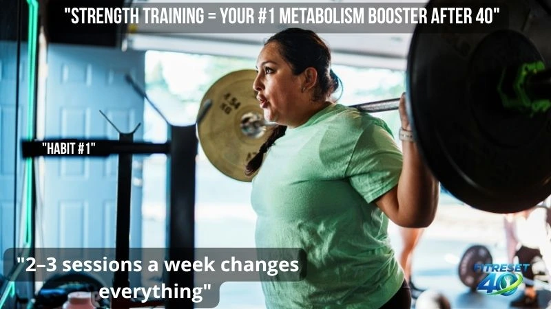 Strength Training for Metabolism Boost — Women Over 40 metabolism boost for women over 40 — woman lifting dumbbells at home