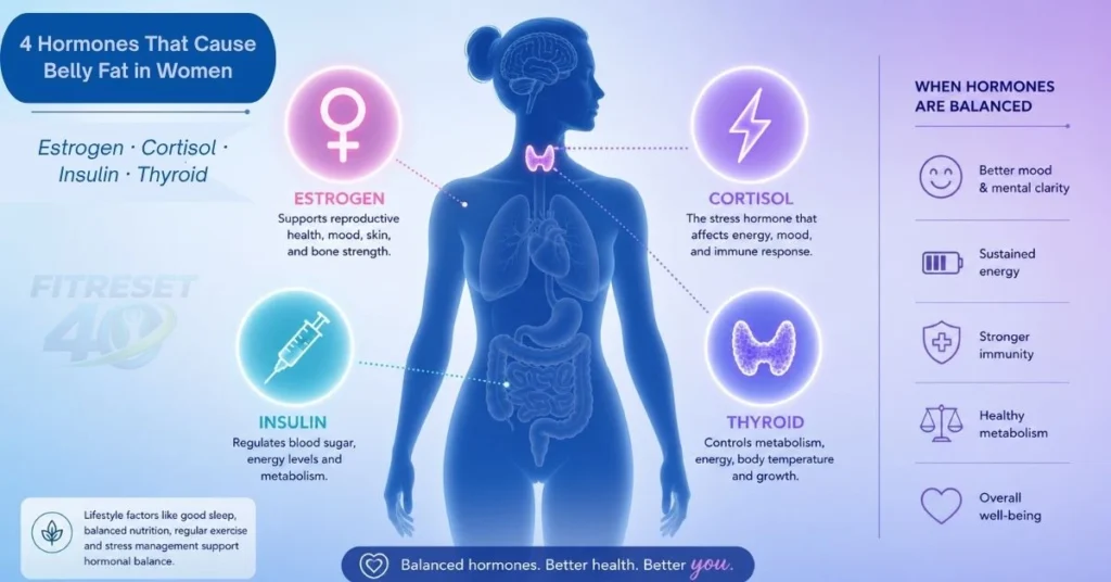 Diagram showing what causes belly fat in females including estrogen cortisol insulin and thyroid hormones